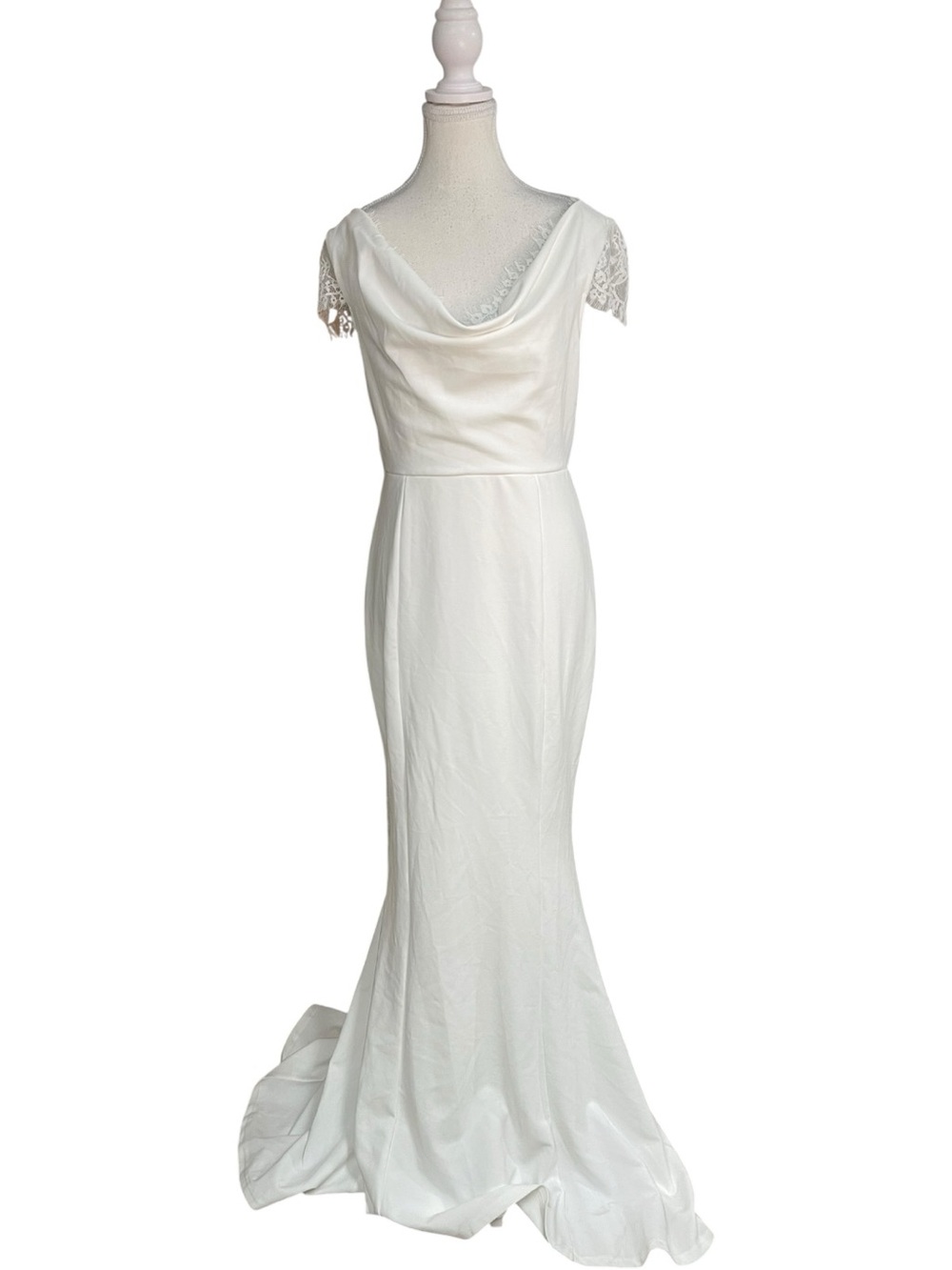 Lulus Forever Beloved Cowl Neck Lace Cap Sleeve Mermaid Maxi Dress White